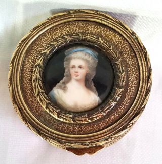 Antique French Gilt Bronze Painting Portrait Vanity Trinket Jewelry Box 2½ " X 1 "