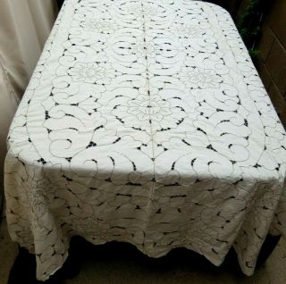 Vintage Beige Cotton Embroidered Cut Work Tablecloth 62 X 98 Rectangle