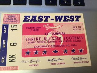 Vintage 1961 All Star East West Football Shrine Game Ticket Stub Kezar Sf