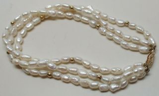 Vintage Solid 14k Yellow Gold 3 - Strand Pearl 8 " Bracelet - Gorgeous
