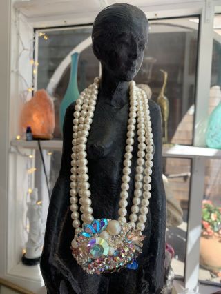 Vintage Park Lane Triple Strand Pearl And Crystal Necklace