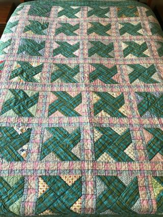 Vintage Quilt Patchwork Squares Pinwheel ? Green Machine Stitched 81 " X 92 "