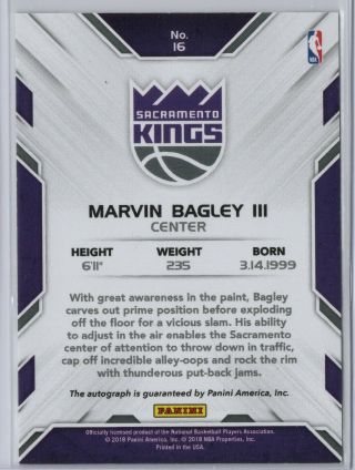 2018 - 19 DONRUSS BASKETBALL MARVIN BAGLEY ROOKIE NEXT DAY AUTO RC SSP [WG] 2