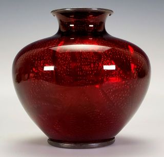 Antique Ando Jubei,  Meiji Japanese,  Red Ginbari Cloisonne Enamel Silver Vase