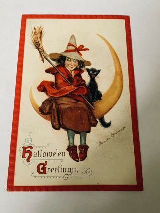 Vintage Halloween Postcard - Frances Brundage - Witch On Moon With Cat 120