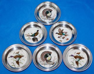 Set Of 6 Frank M.  Whiting Sterling Silver & China Sporting Bird Coasters 1940s