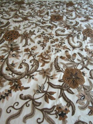 Vintage Hand Embroidered Wool Crewel Fabric Jacobean Flowers Leaves 66 " X 50 "