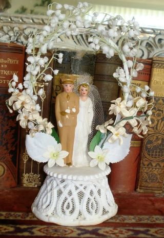 Vtg Wwii Soldier & Bride Wedding Cake Topper Lily Of Valley Plaster Chalkware