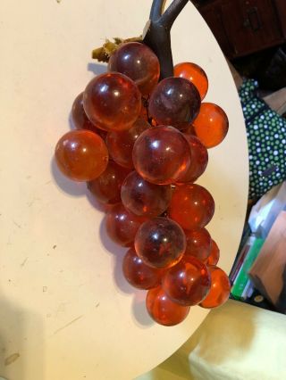 Vtg Large Lucite Acrylic Resin Grape Cluster Wood Stem 28 Balls Amber Orange
