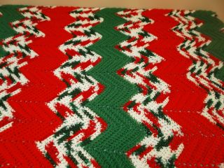 Vintage Hand - Knit Crocheted Christmas Afghan Blanket Red,  Green,  White 51 " X 93 "