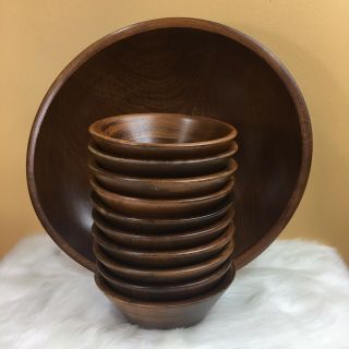 Vintage Mcm Teak Wood Salad Bowl Set - 1 Large Bowl & 11 Small Bowls