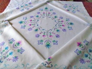 Gorgeous Vintage Hand Embroidered Linen Tablecloth Colours & Stitch Work