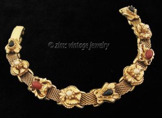 Vintage Florenza Victorian Revival Cabochon Stone Gold Mesh Slide Charm Bracelet