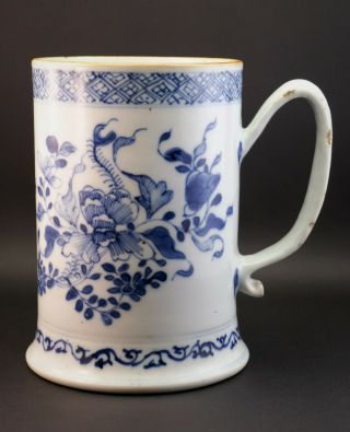 Large Antique 18thc Chinese Qing Qianlong Blue And White Porcelain Tankard Mug