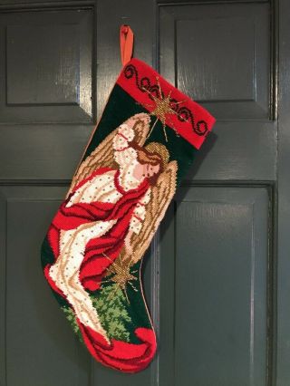 Vtg " Angel " Needlepoint And Beaded " Christmas Stocking Exc.  Cond.  Ln