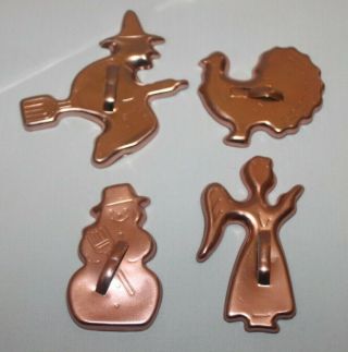 4 Vintage Copper Color Aluminum Holiday Christmas Cookie Cutters Angel - Witch