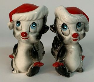 Vintage Kreiss Christmas Skunks Rhinestone Gem Blue Eyes Salt & Pepper Shakers