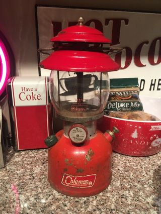 Vintage 1967? Coleman Model 200a Lantern With Red Letter Pyrex Globe.
