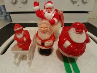 4 Vintage Hard Plastic Santa Claus Christmas - W/toys,  In Sleigh,  On Skis,  Light Up