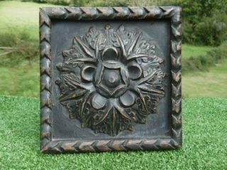 19thc Oak Carved Panel With Flower In Raised Relief To Centre
