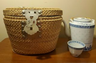 Vtg Asian Tea Set Wicker Basket Warmer Red Floral Cloth Lined Made In China
