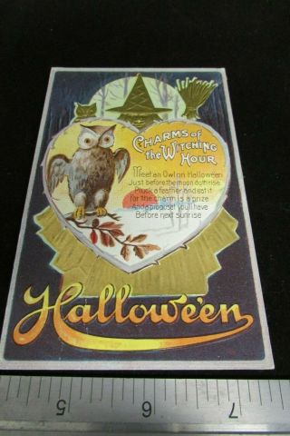 Vintage Charms Of The Witching Hour Embossed Halloween Card With Owl & Witch