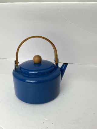 Mid Century Modern Blue Enamel Wood Handle Danish Teakettle Teapot