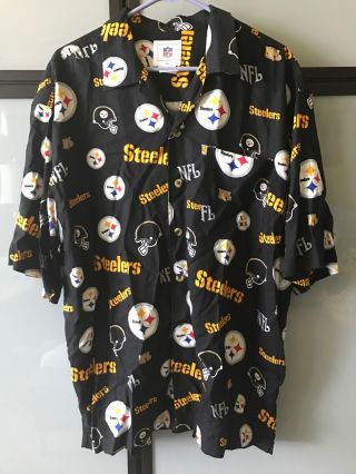 Vtg Pittsburgh Steelers Hawaiian All Over Print Nfl Button Up Shirt Mens L Euc