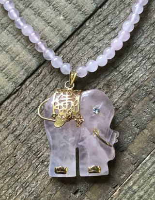 Vintage Carved Rose Quartz Elephant Beaded 17 " Necklace Trunk Up Good Luck