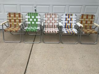 5 Vintage Aluminum Webbed Folding Lawn Chairs Fishing Camp Deck Pool Yard Patio