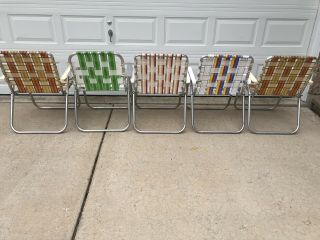 5 Vintage Aluminum Webbed Folding Lawn Chairs Fishing Camp Deck Pool Yard Patio 2