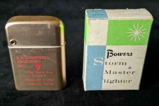 Vintage Bowers Storm Master Lighter Campbell Trucking Co.  Lubbock Tx Ad W/ Box