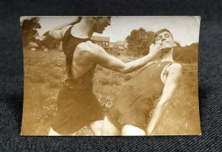 Two Young Men Boys Fist Fighting Punching Wrestling Vintage Photo Snapshot 1