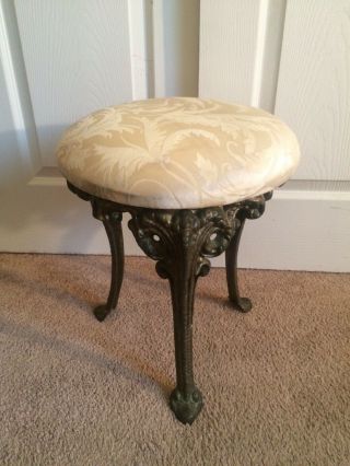 French Provincial Cast Iron Vanity Stool Chair Rams Head Footed Ornate Vintage