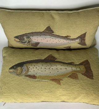 2 Vintage Feather Pillows With Fish Design Needlepoint Look Feather Pillow Set