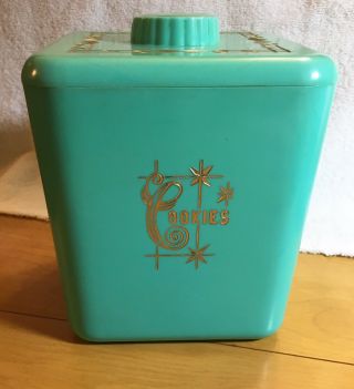 Vintage Lustro - Ware Cookies Canister Htf Turquoise Aqua Elegante Mcm Plastic