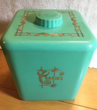 Vintage LUSTRO - WARE Cookies Canister HTF Turquoise Aqua Elegante MCM Plastic 2