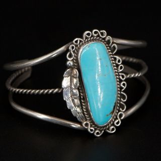 Vtg Sterling Silver - Navajo Signed Turquoise Feather 6.  25 " Cuff Bracelet - 21g