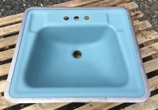 Vintage 1968 Regency Blue 18x20 Hudee Ring Cast Iron Bathroom Sink 3