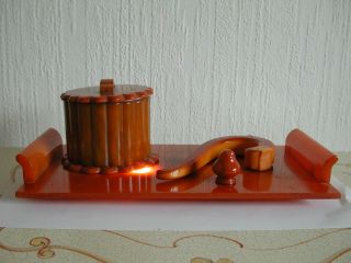 Antique Art Deco Bakelite Amber Egg Yolk Pot Tray Handle Beads Desk Dice Block