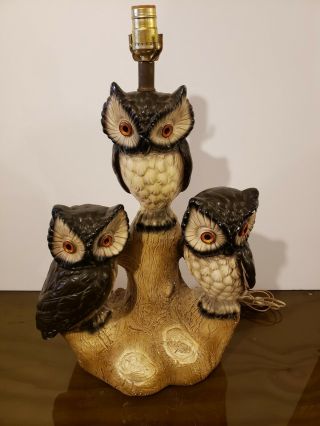 Vtg Mid Century Owl Chalkware Table Lamp Three Owls 23 "