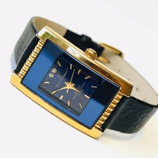 Vintage Ottimo Japan 18k Gold Plated Blue Mirror Black Leather Watch