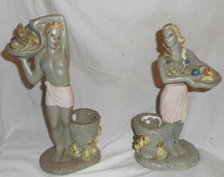 Vintage 1942 Hawaiian Chalkware Statues Man And Woman 10 3/4 "