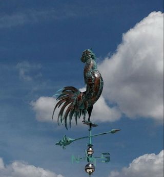 Xl 3d Crowing Rooster Weather Vane Aged Copper Patina Finish Handcrafted