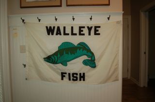 Large Vintage Nylon Walleye Fish Flag.  35 " X 58 ".  Fabric Applique