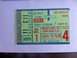 November 1 1964 Detroit Lions Vs Los Angeles Rams Football Ticket Stub