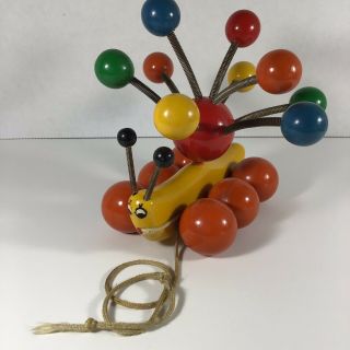 Vintage Kouvalias Greece Wooden Pull Toy Colorful Banana Slug Snail Caterpillar