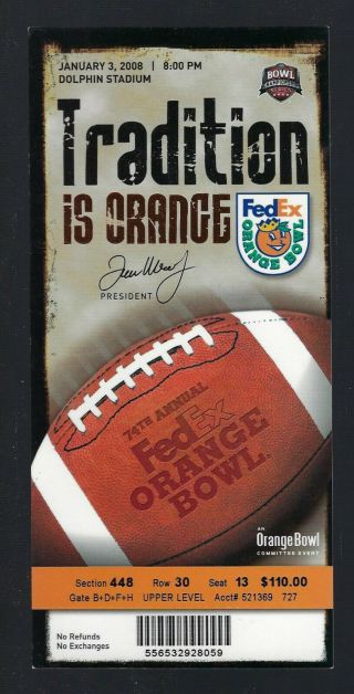 2007 - 08 Ncaa Orange Bowl Full Football Ticket - Virginia Tech Vs Kansas