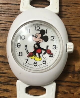 Vintage Bradley Mickey Mouse Character Watch In White Plastic Case Bubble Xtal