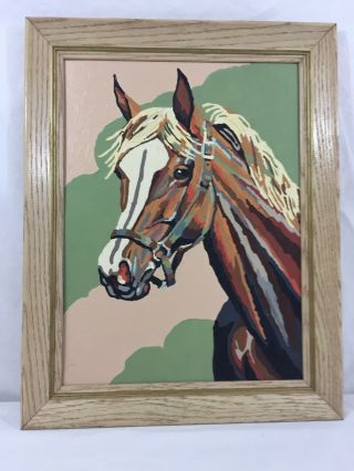 Vtg Framed Paint By Number 15” Wide X 19” High Horse Pink Green Mid Century